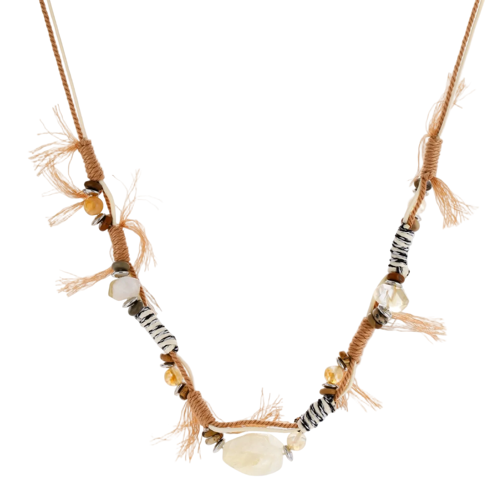 Adjustable brown cord necklace with citrine, coffee calcite beads and striped accents on white background.