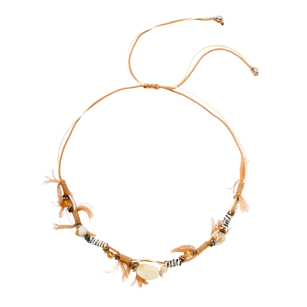 Adjustable brown cord necklace with citrine, coffee calcite beads and striped accents on white background.