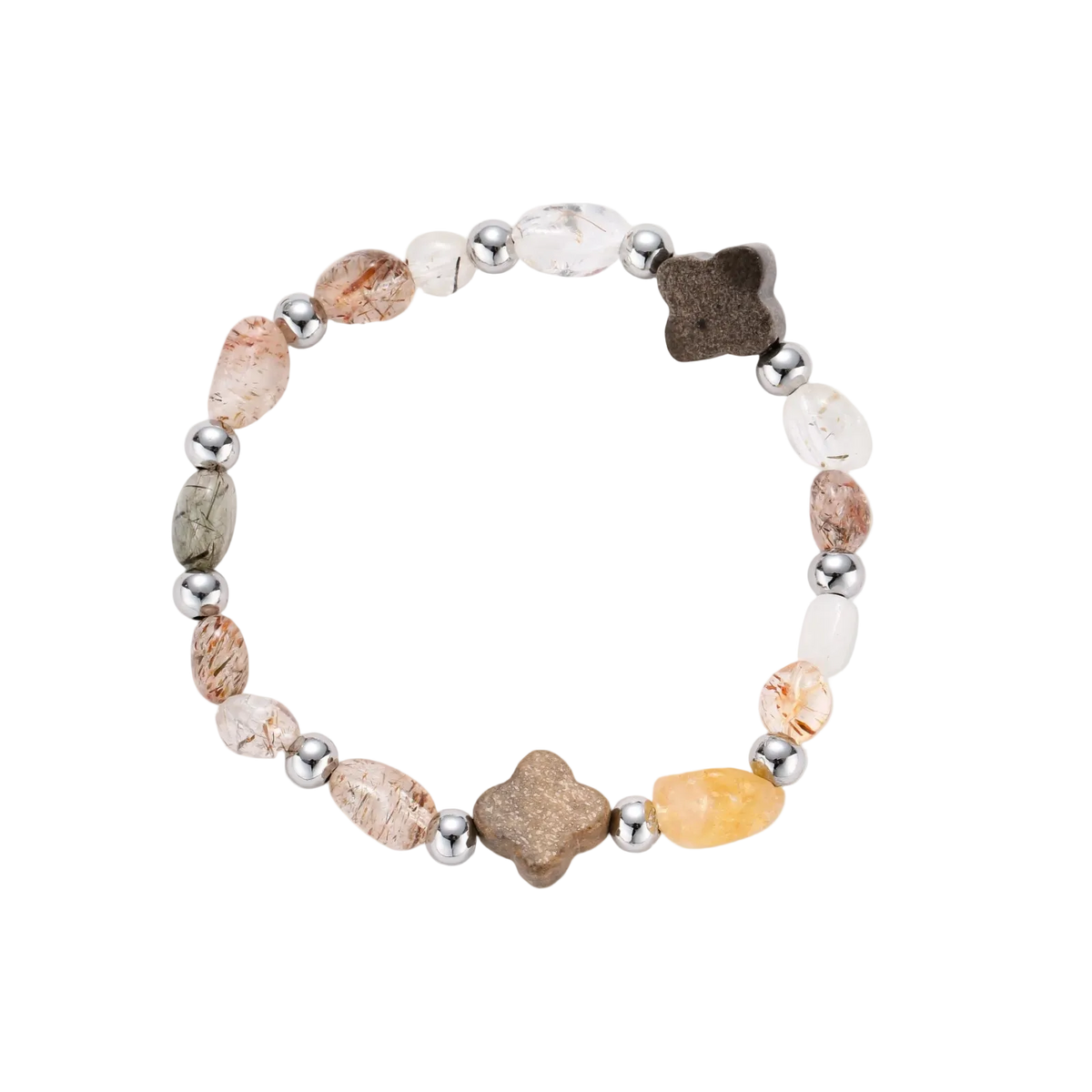 Stretch bracelet with coffee calcite, citrine, and black gold super seven stones mixed with silver beads on white background