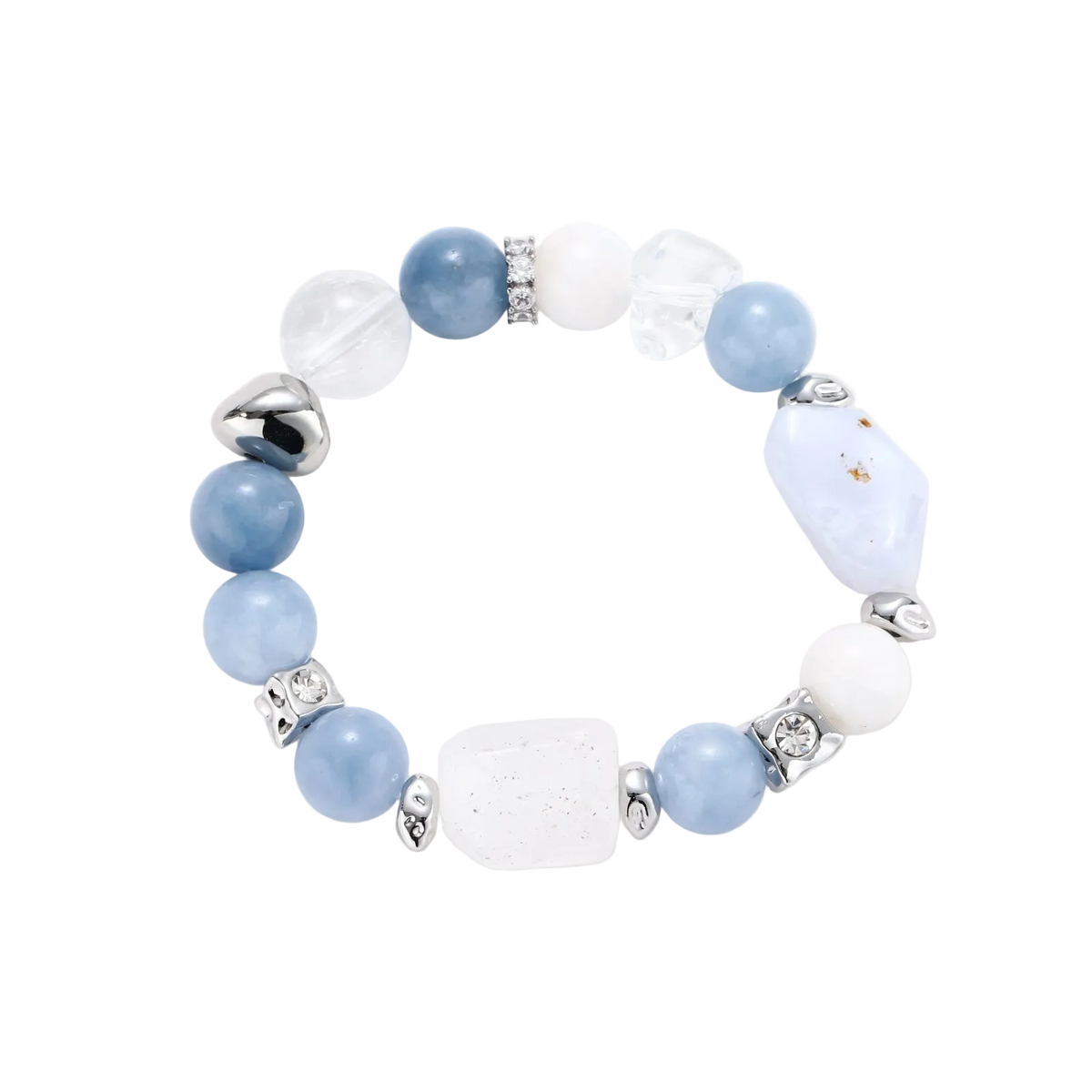 Stretchable bracelet with blue aquamarine beads, clear quartz crystals and copper accents on white background.
