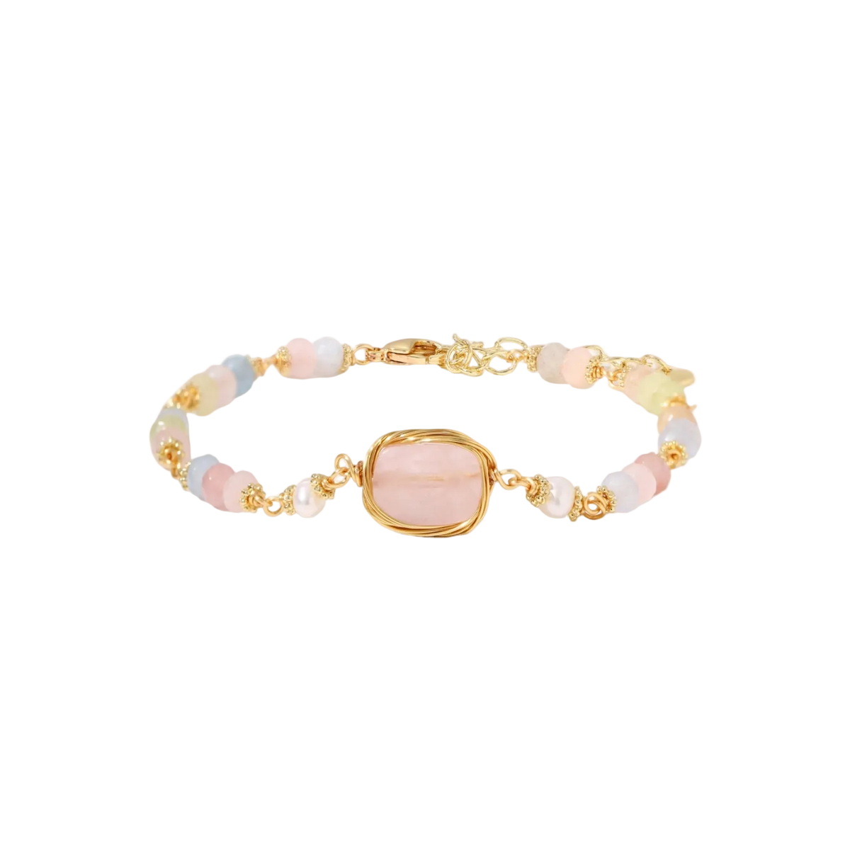 Delicate beaded bracelet with pastel rose quartz, pearls, and pink cushion-cut centerpiece in gold-plated setting