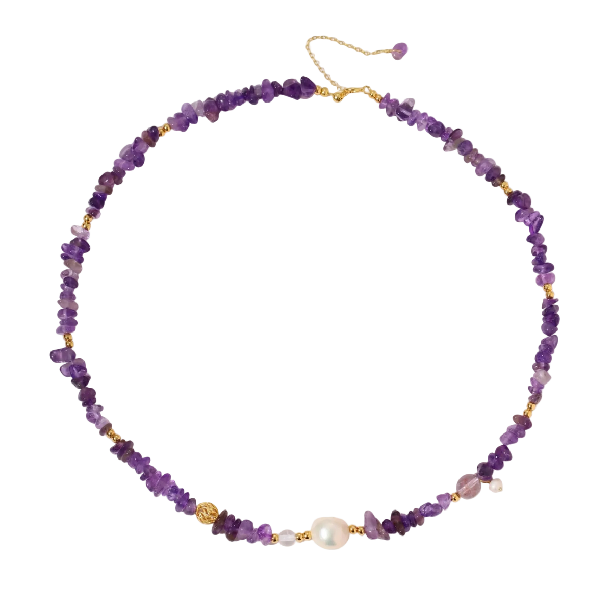 Beaded necklace with purple amethyst chips, freshwater pearls, and gold accents on white background.