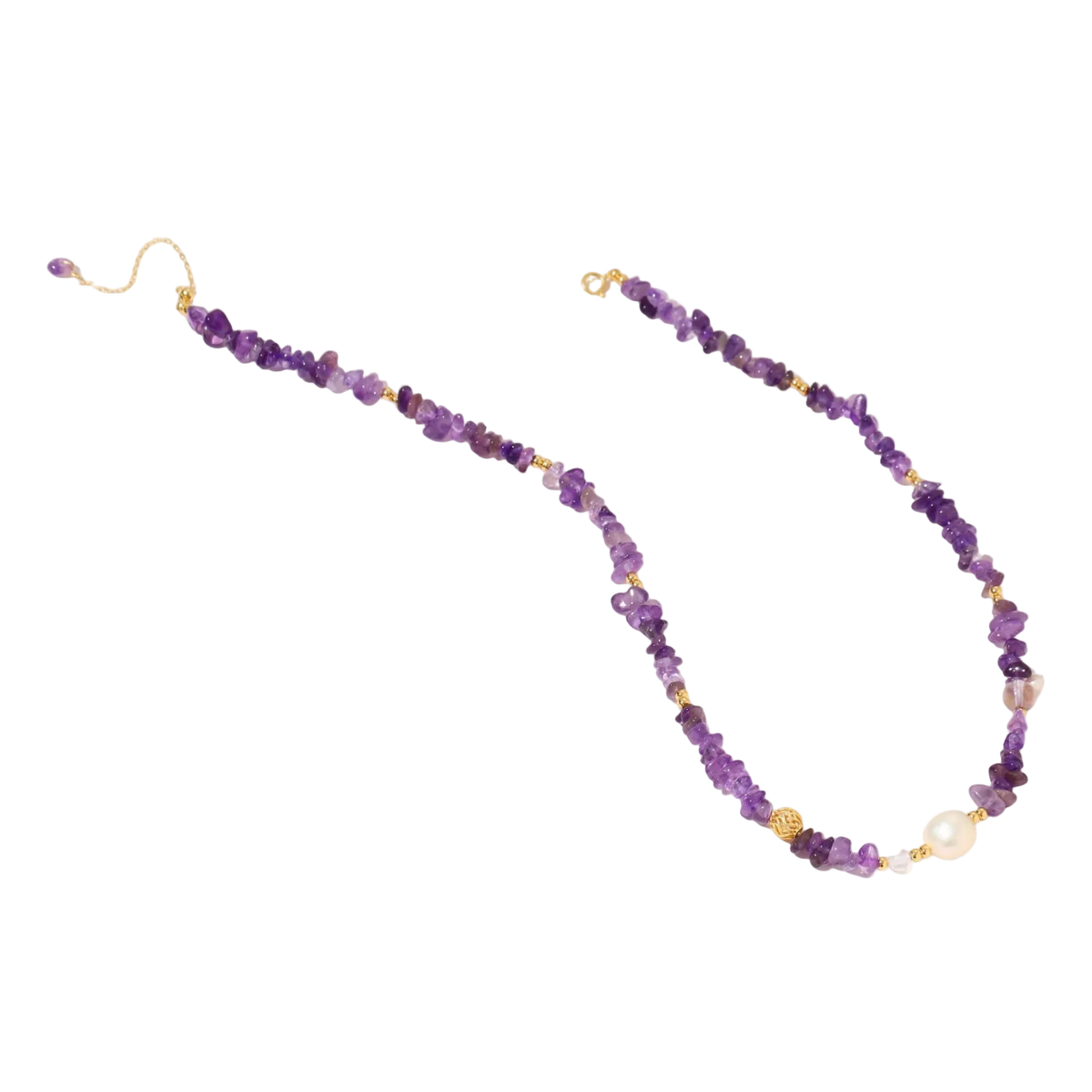 Beaded necklace with purple amethyst chips, freshwater pearls, and gold accents on white background.