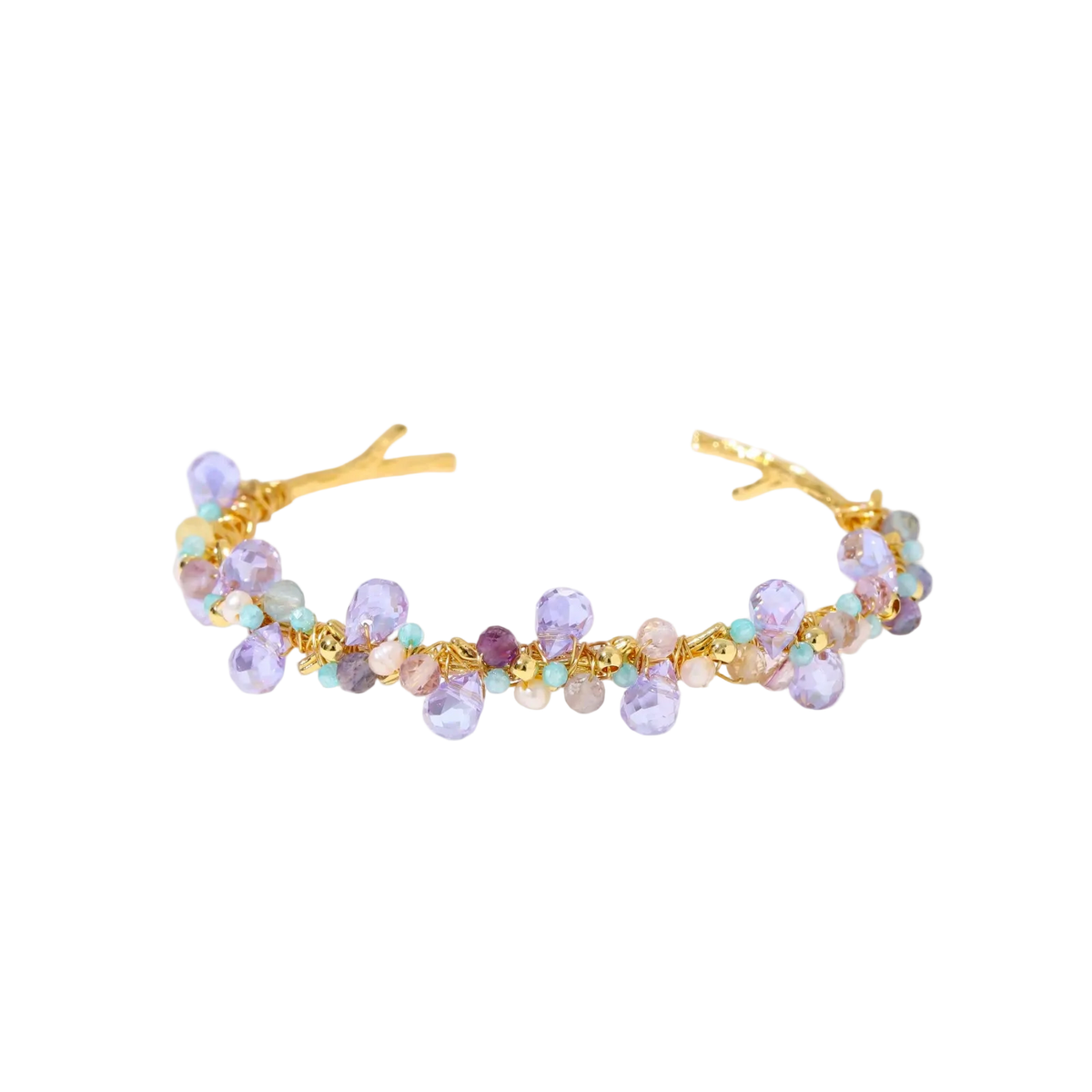 Gold-plated adjustable cuff bracelet with clustered lavender fluorite, turquoise beads, and freshwater pearls on white background.