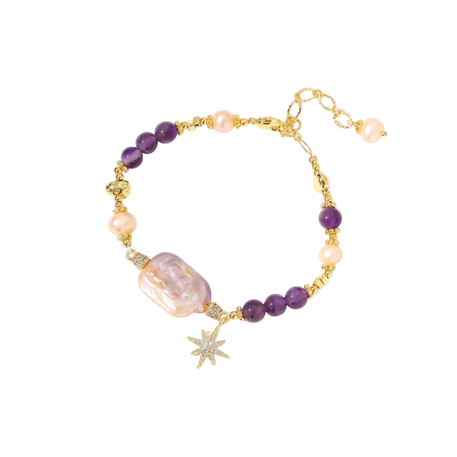 Gold-plated bracelet with baroque pearl centerpiece, amethyst beads, and crystal star charm on white background.