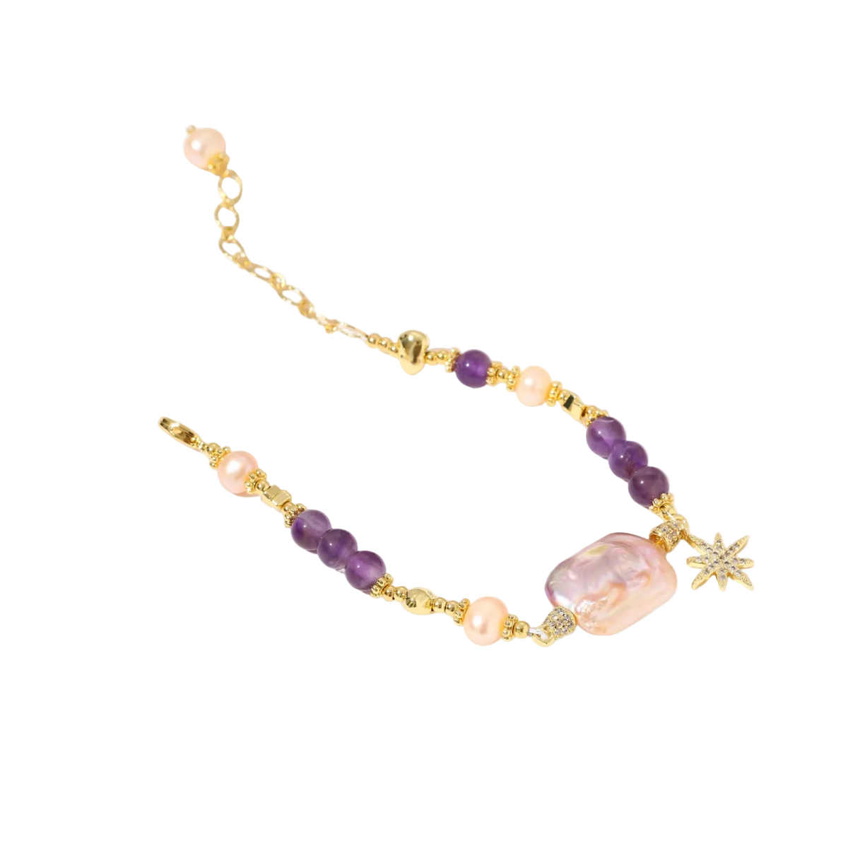 Gold-plated bracelet with baroque pearl centerpiece, amethyst beads, and crystal star charm on white background.