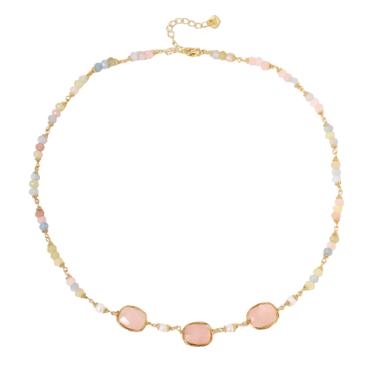 Gold necklace with three rose quartz stones, multicolor pastel beads, and pearl accents on white background.