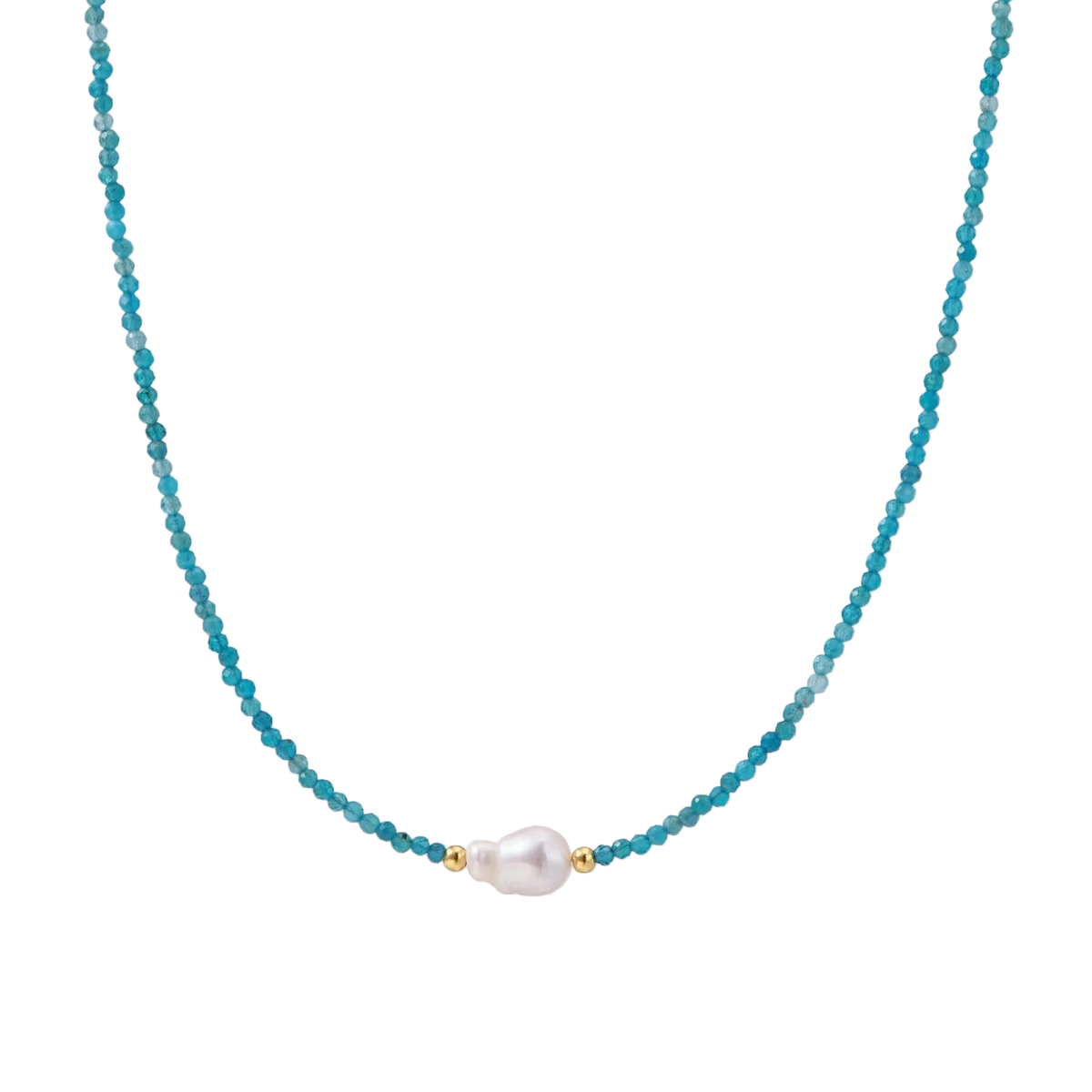 Dainty teal apatite beaded necklace with a single freshwater pearl centerpiece flanked by two small gold beads, adjustable gold clasp.