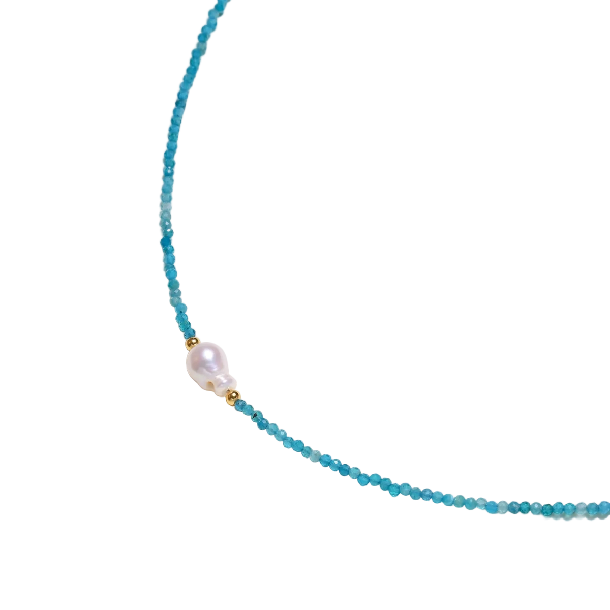 Dainty teal apatite beaded necklace with a single freshwater pearl centerpiece flanked by two small gold beads, adjustable gold clasp.