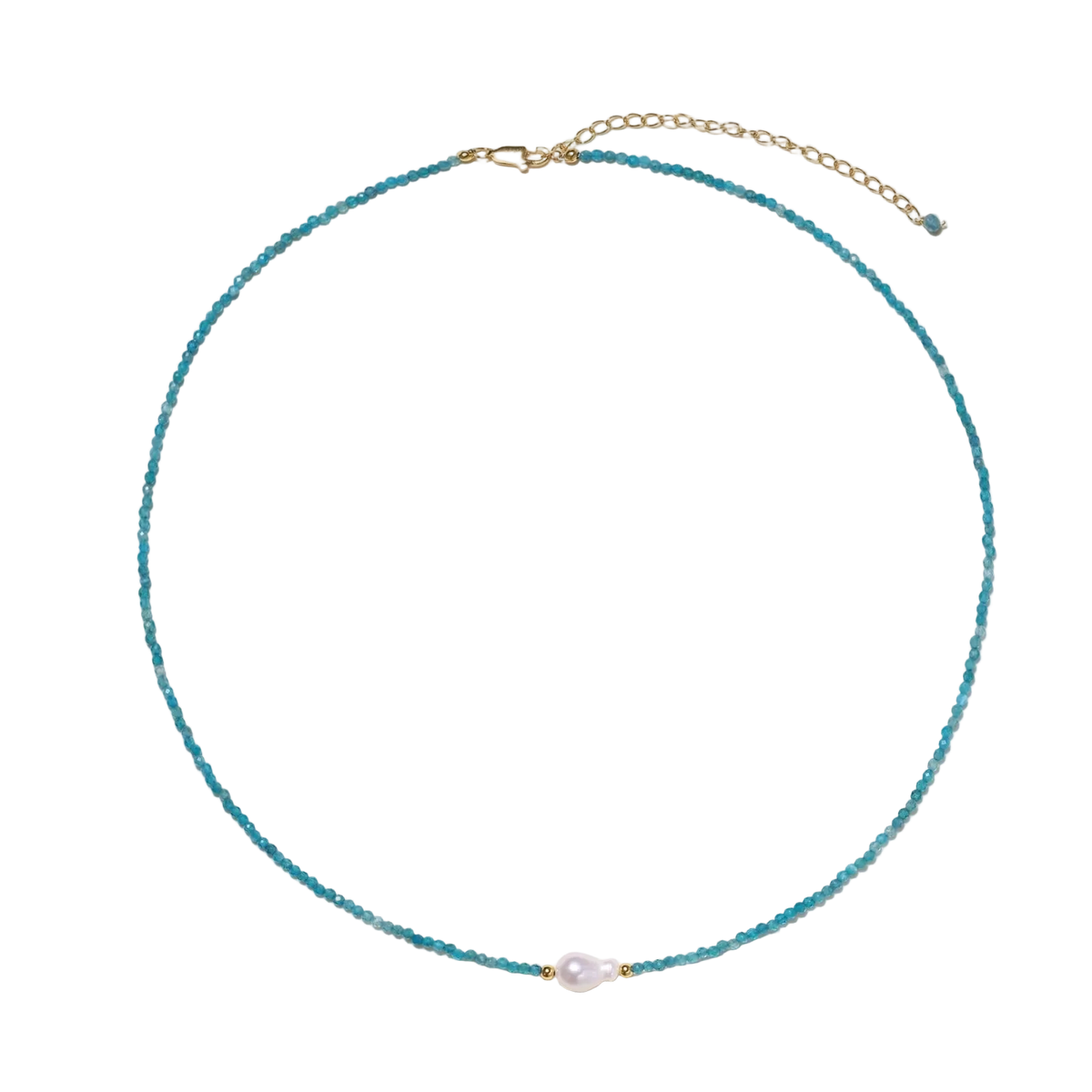 Dainty teal apatite beaded necklace with a single freshwater pearl centerpiece flanked by two small gold beads, adjustable gold clasp.