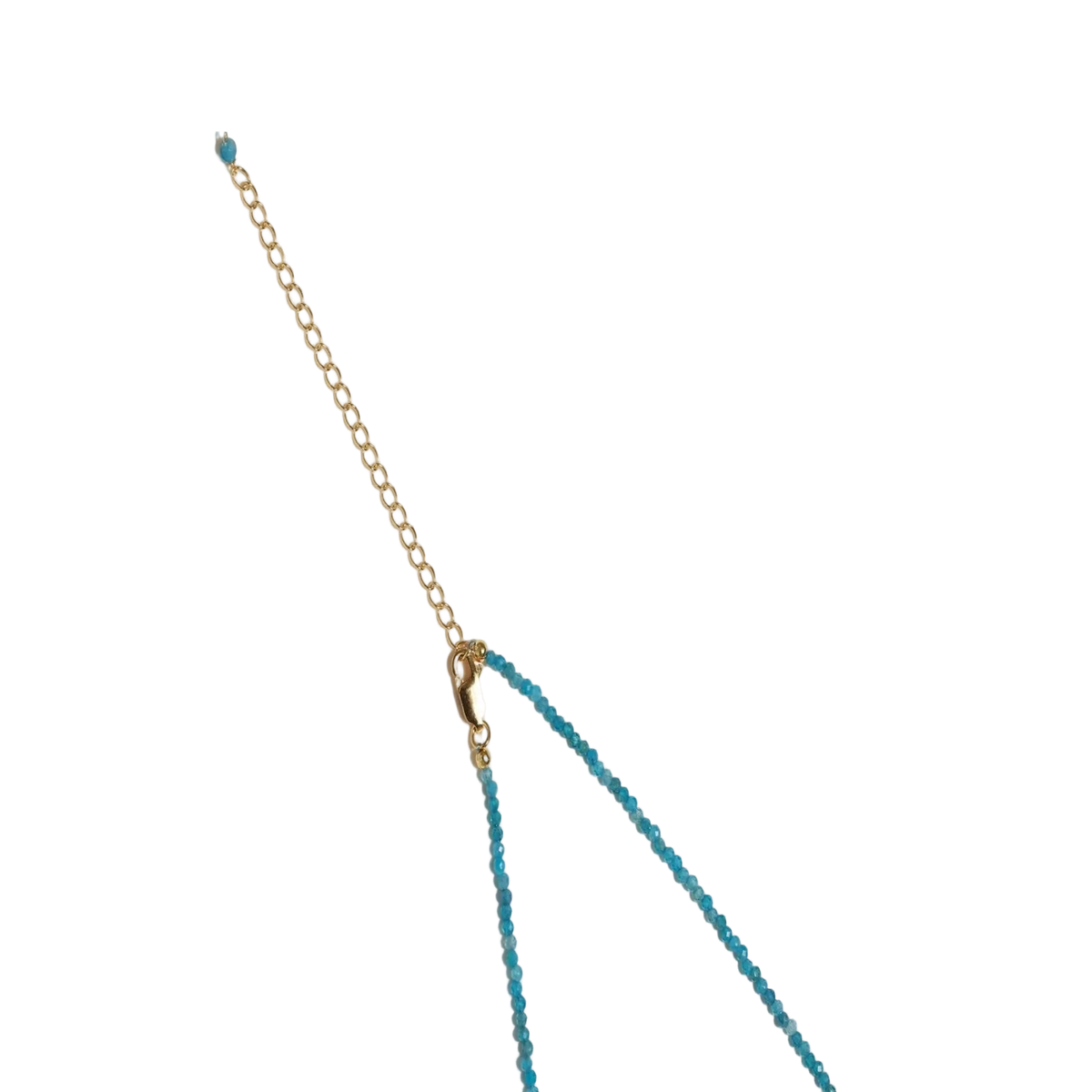 Dainty teal apatite beaded necklace with a single freshwater pearl centerpiece flanked by two small gold beads, adjustable gold clasp.