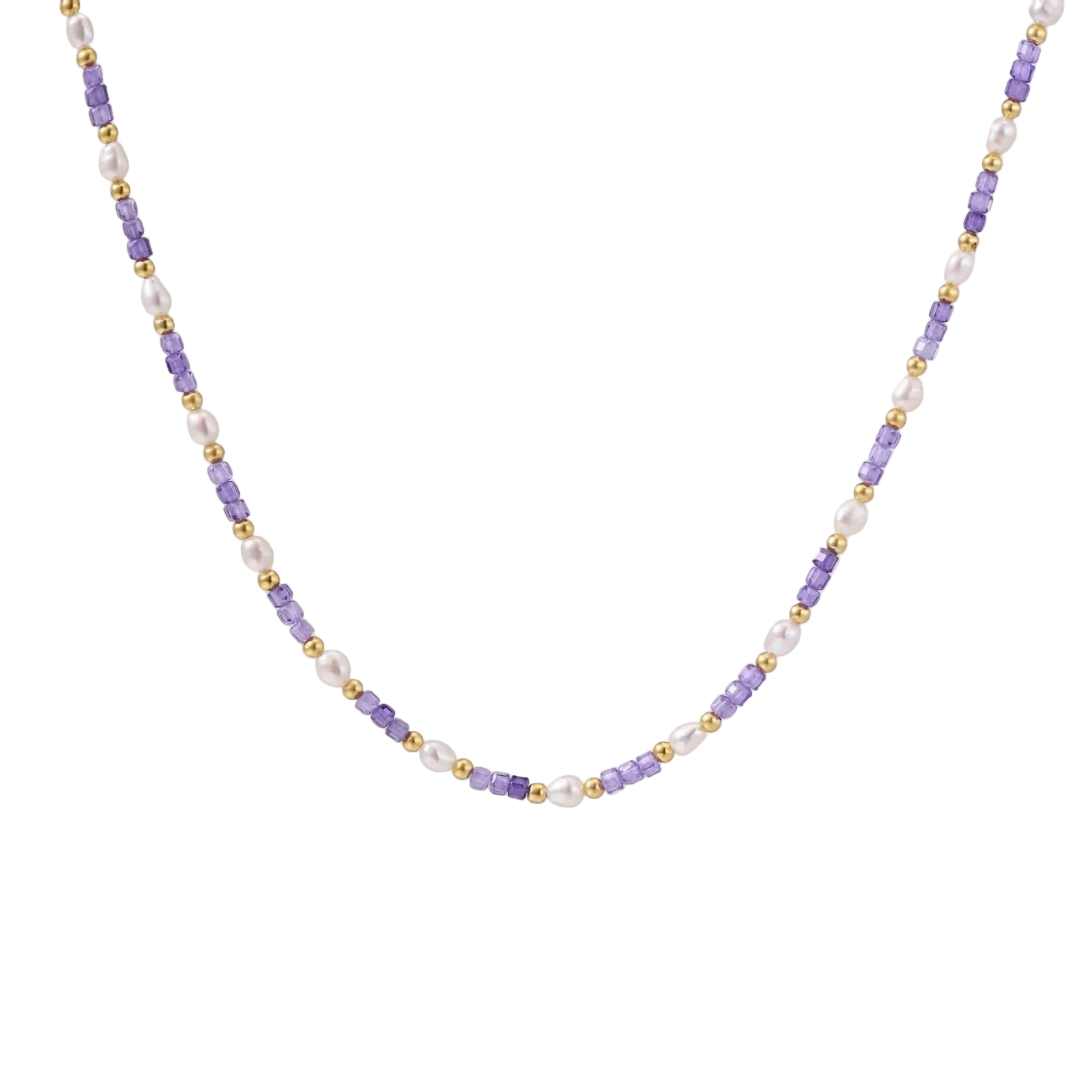 Delicate 18K gold vermeil necklace with alternating lavender zirconia beads and white freshwater pearls on cream background