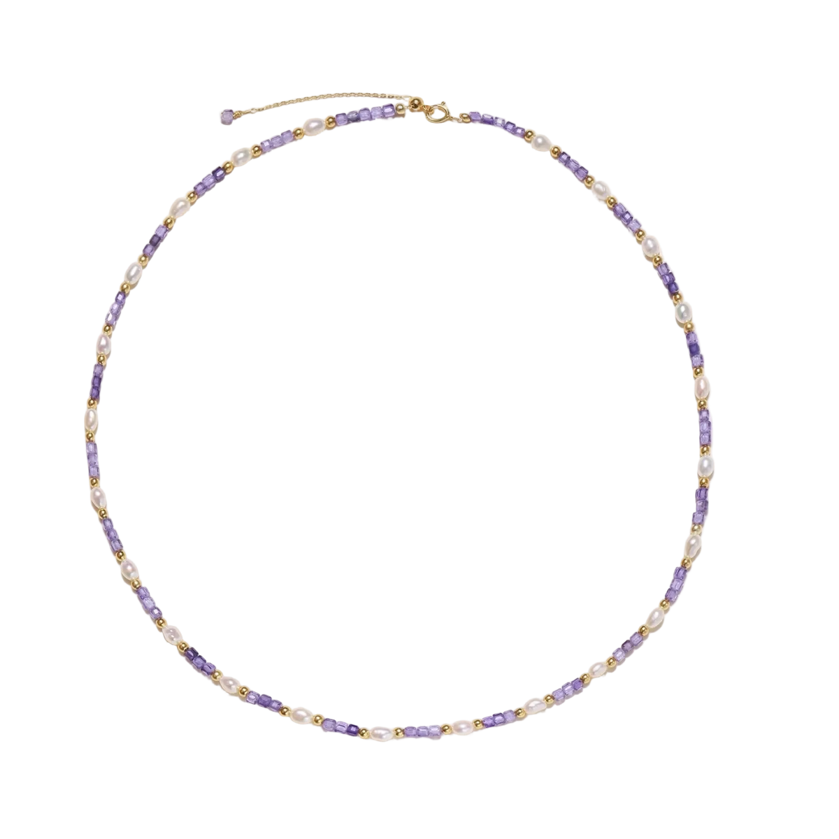 Delicate 18K gold vermeil necklace with alternating lavender zirconia beads and white freshwater pearls on cream background