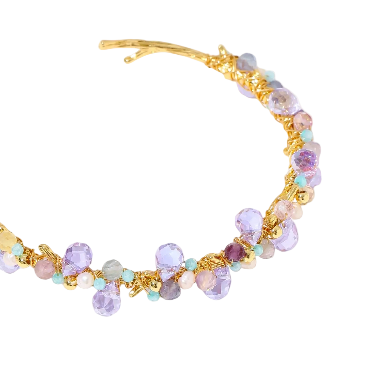 Gold-plated adjustable cuff bracelet with clustered lavender fluorite, turquoise beads, and freshwater pearls on white background.