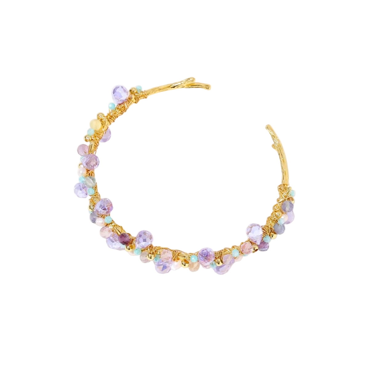 Gold-plated adjustable cuff bracelet with clustered lavender fluorite, turquoise beads, and freshwater pearls on white background.