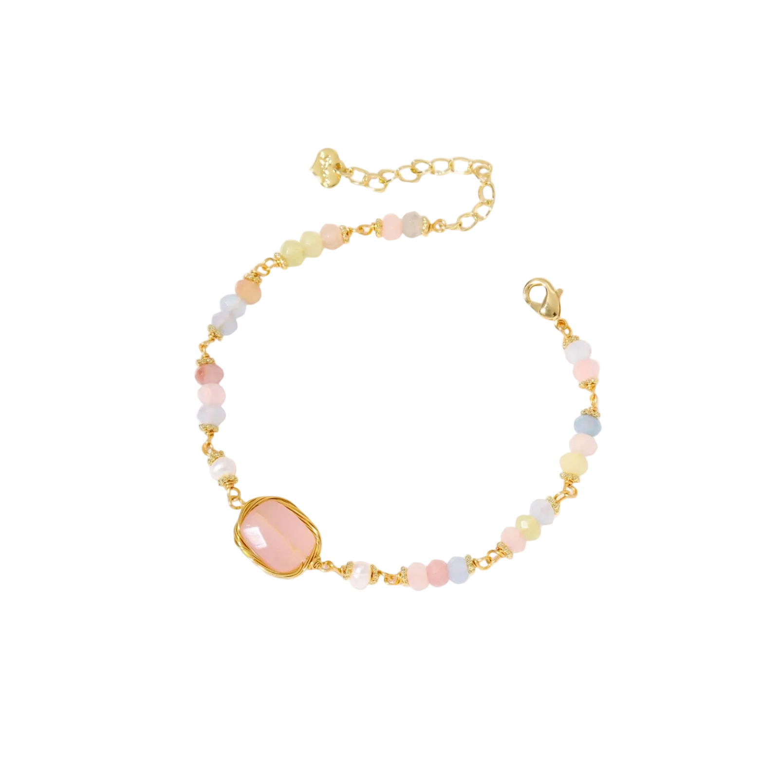 Delicate beaded bracelet with pastel rose quartz, pearls, and pink cushion-cut centerpiece in gold-plated setting