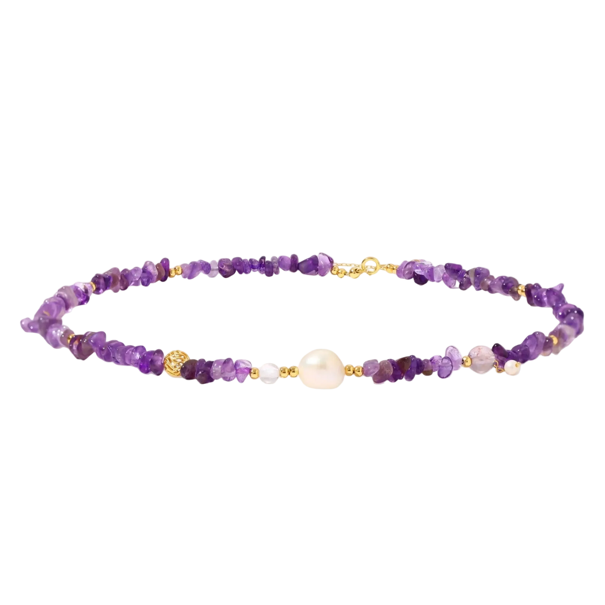 Beaded necklace with purple amethyst chips, freshwater pearls, and gold accents on white background.