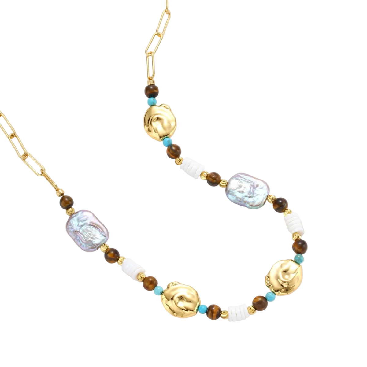 Gold-plated beaded necklace with iridescent baroque pearls, turquoise stones, and brown natural beads on neutral background.