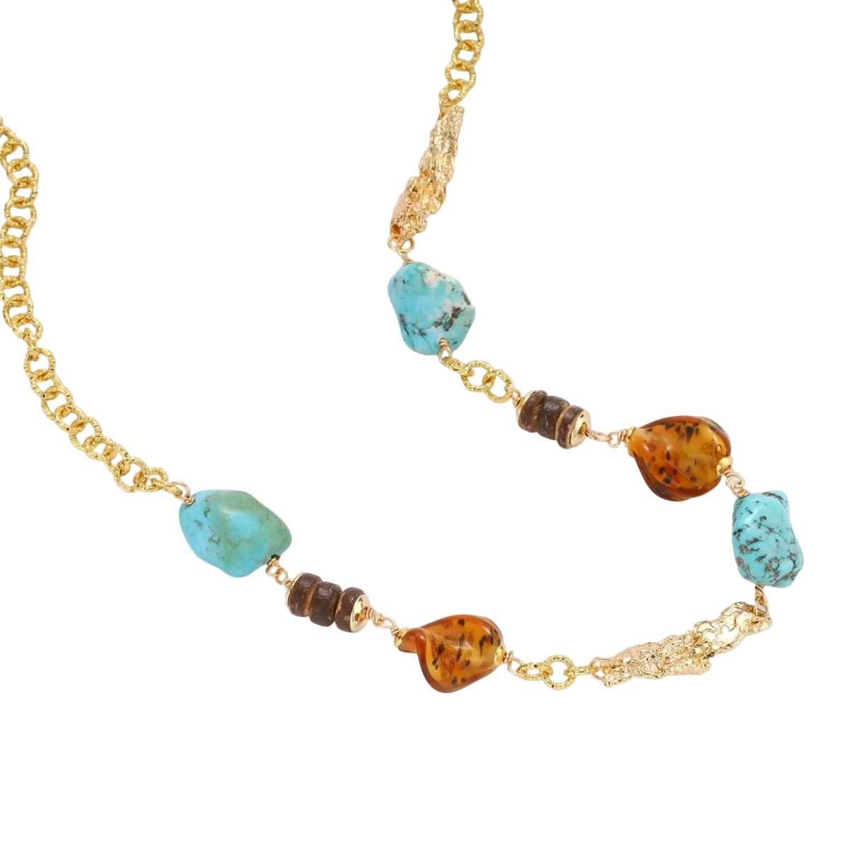 Statement necklace with gold chain, turquoise stones, amber beads, and wooden elements on cream background.
