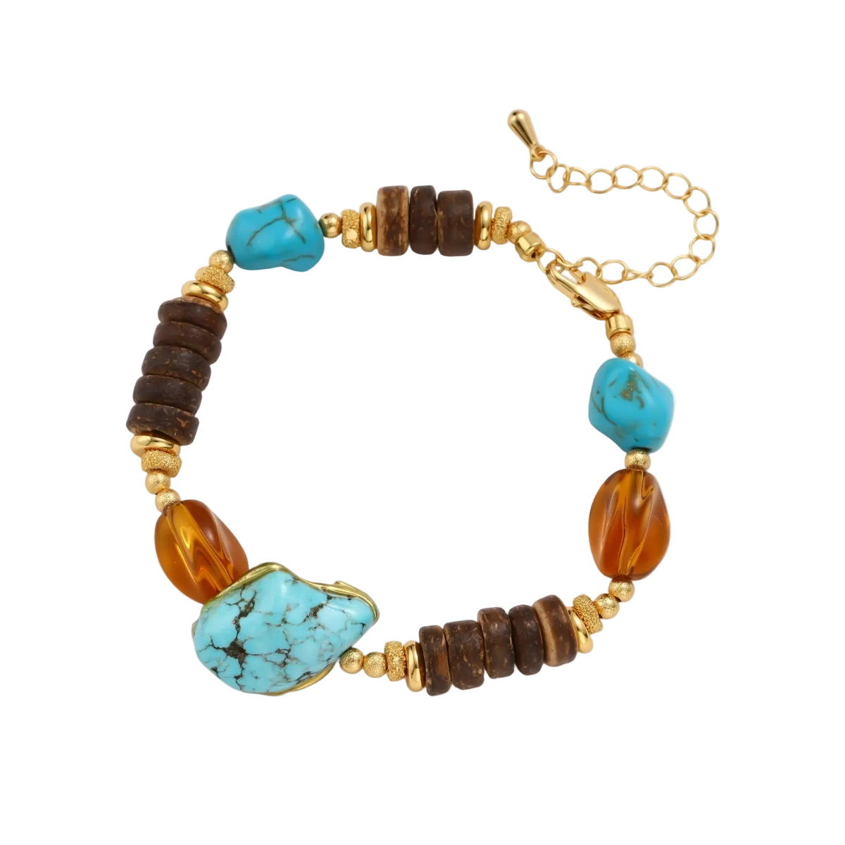 Mixed-material bracelet with turquoise stones, wooden beads, and 18k gold-plated copper elements on white background.