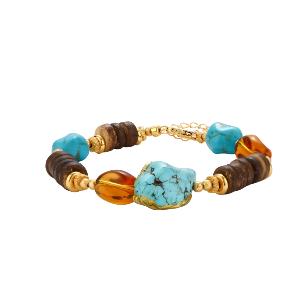Mixed-material bracelet with turquoise stones, wooden beads, and 18k gold-plated copper elements on white background.