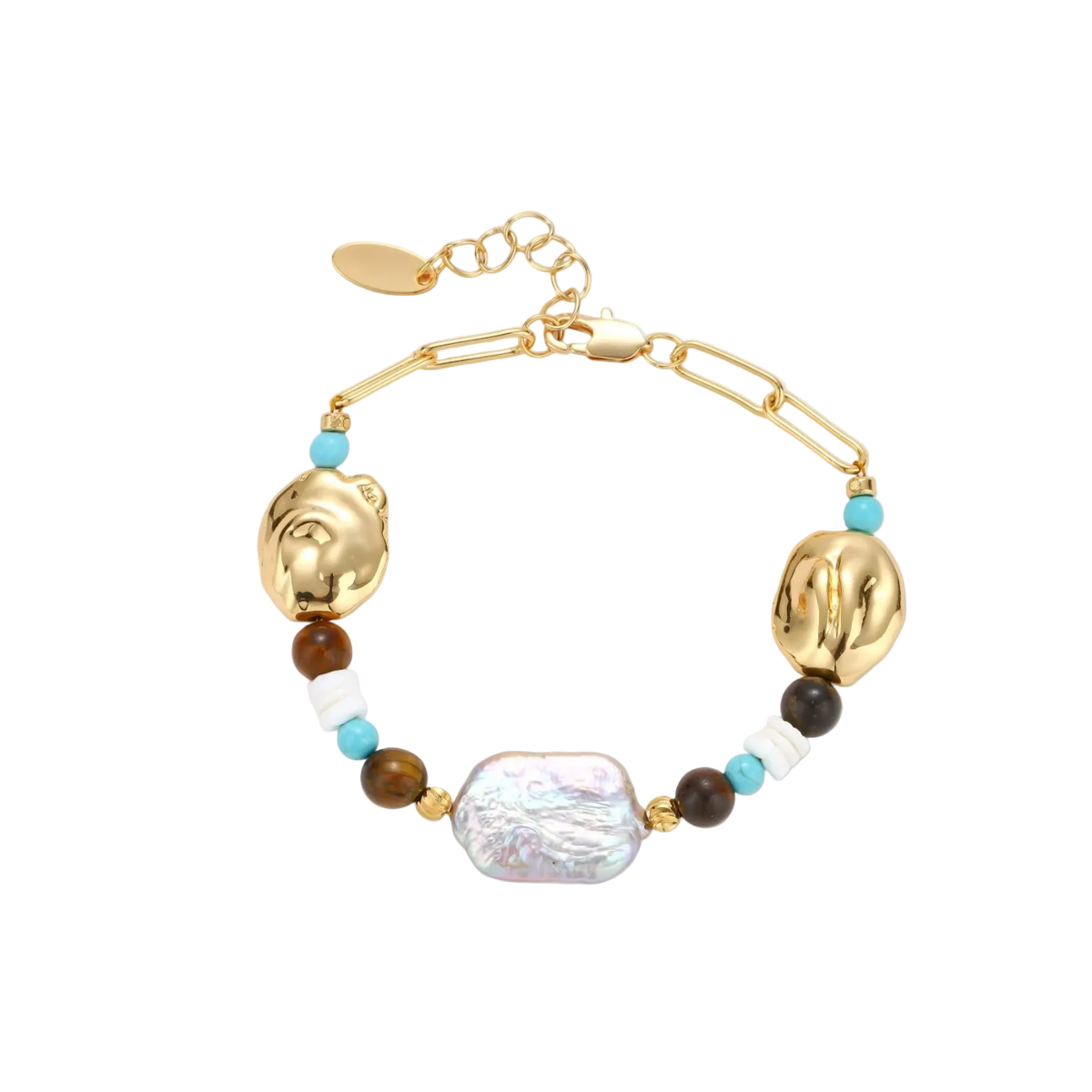 Gold-plated bracelet with baroque pearl centerpiece, turquoise and amber natural stones on adjustable chain against white background.