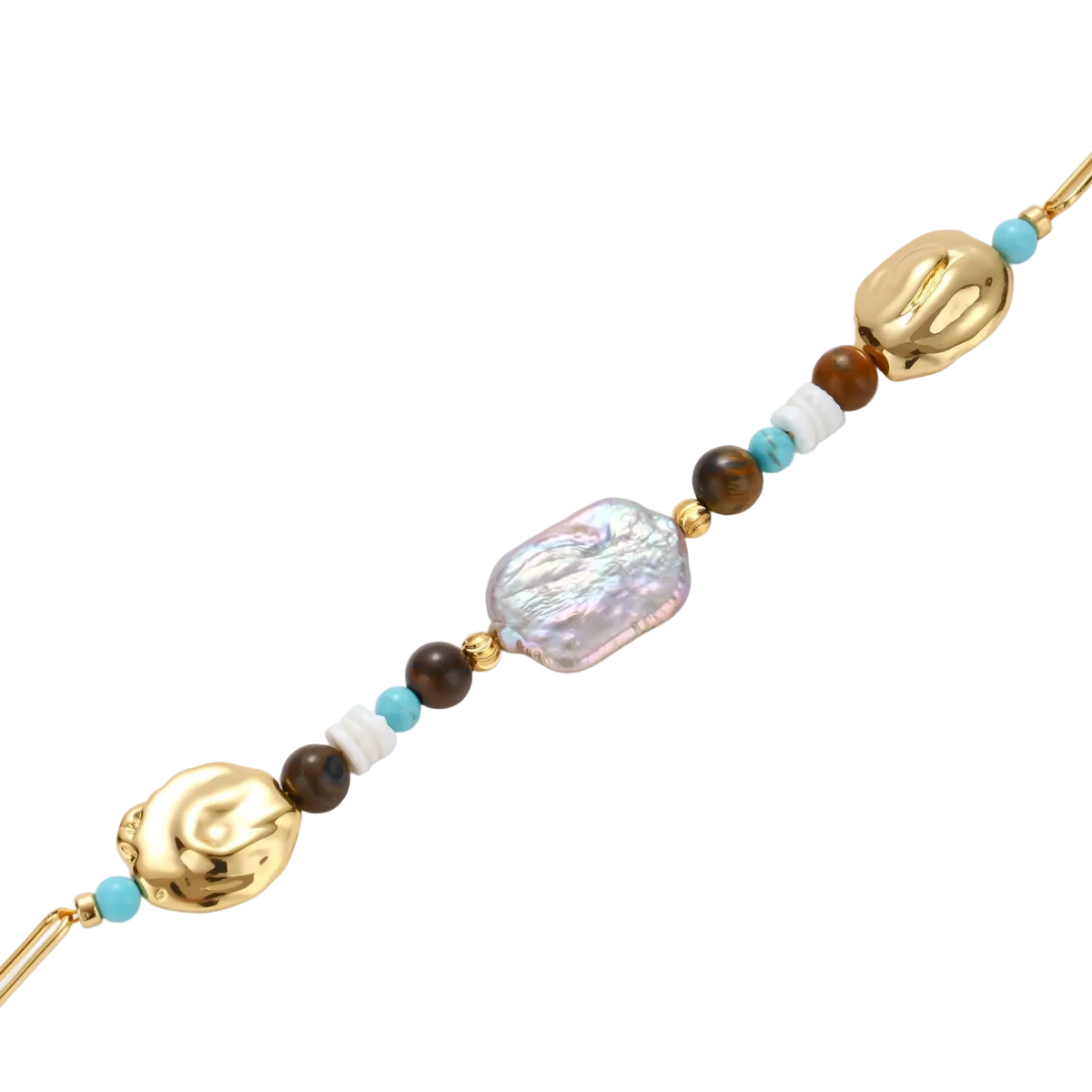Gold-plated bracelet with baroque pearl centerpiece, turquoise and amber natural stones on adjustable chain against white background.