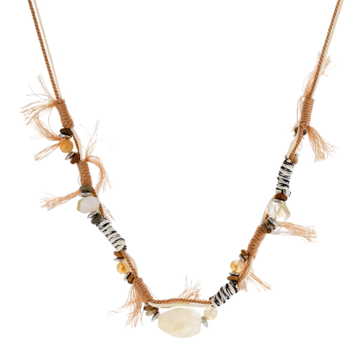 Adjustable brown cord necklace with citrine, coffee calcite beads and striped accents on white background.