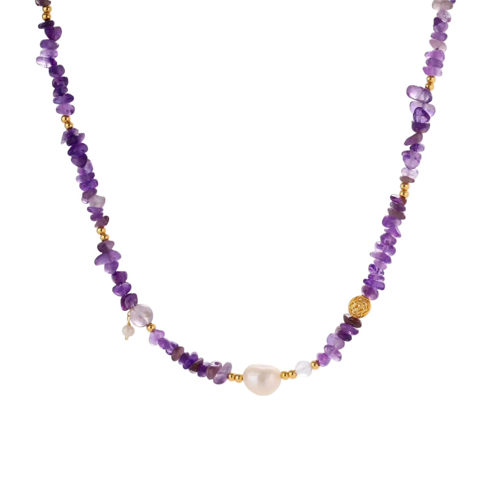 Beaded necklace with purple amethyst chips, freshwater pearls, and gold accents on white background.