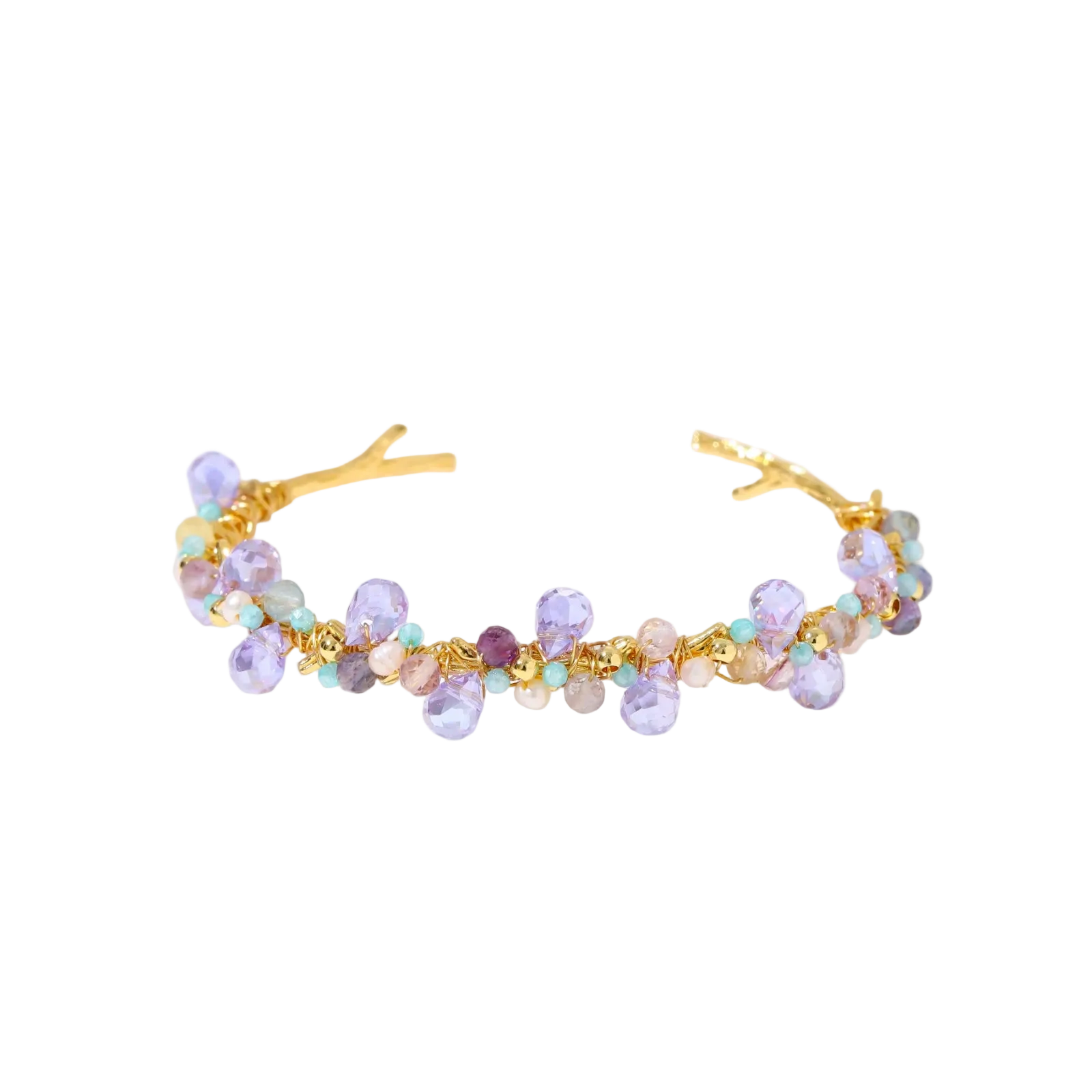 Gold-plated adjustable cuff bracelet with clustered lavender fluorite, turquoise beads, and freshwater pearls on white background.