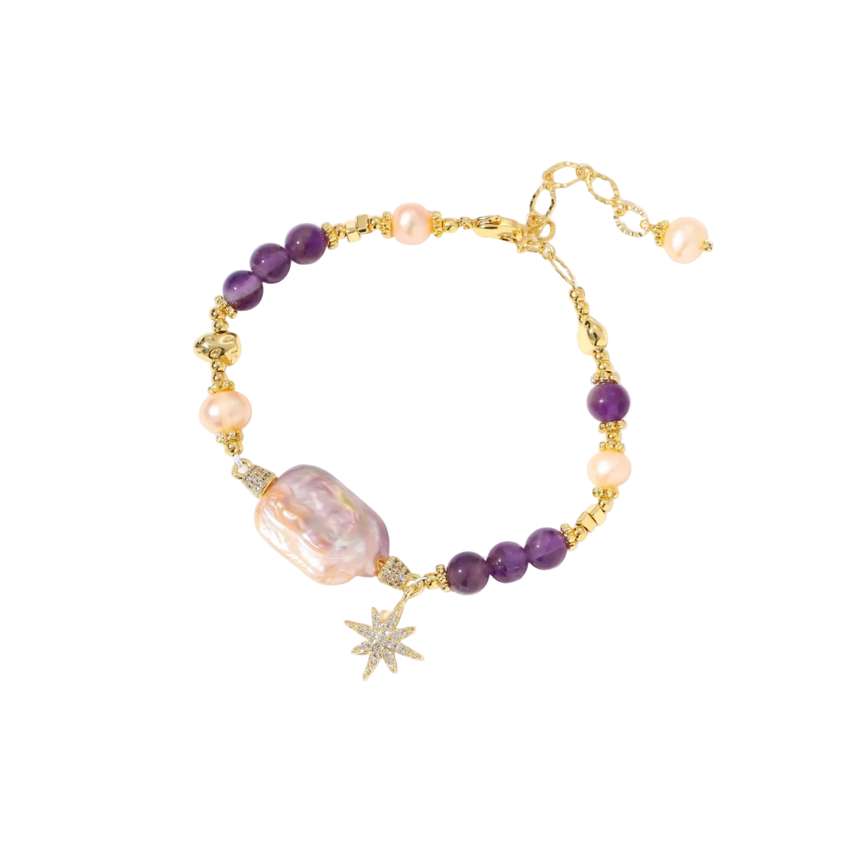 Gold-plated bracelet with baroque pearl centerpiece, amethyst beads, and crystal star charm on white background.