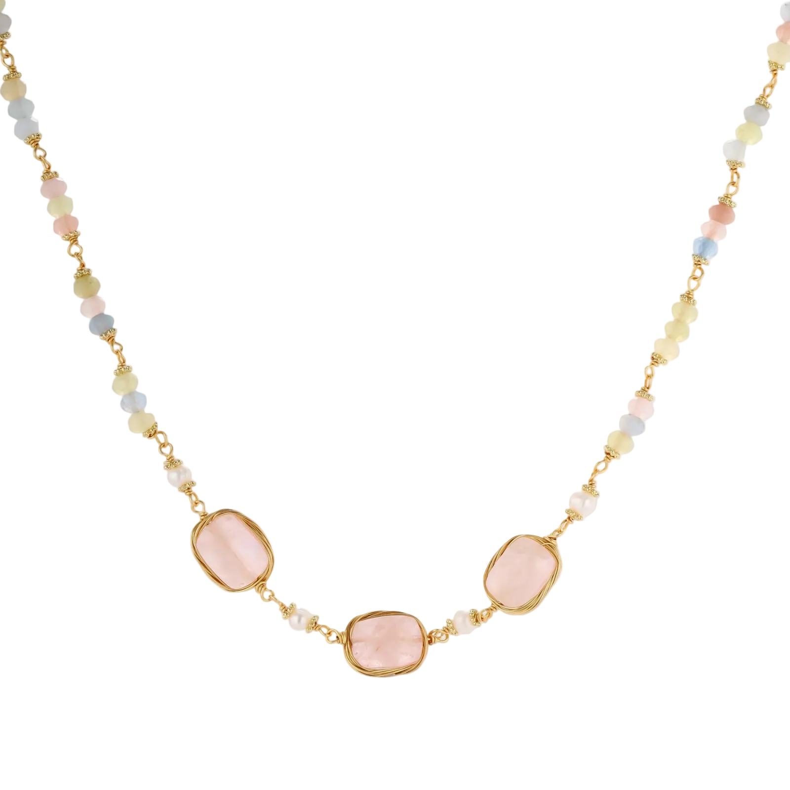 Gold necklace with three rose quartz stones, multicolor pastel beads, and pearl accents on white background.