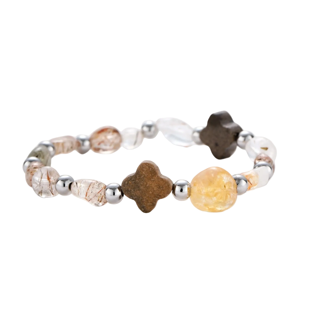 Stretch bracelet with coffee calcite, citrine, and black gold super seven stones mixed with silver beads on white background