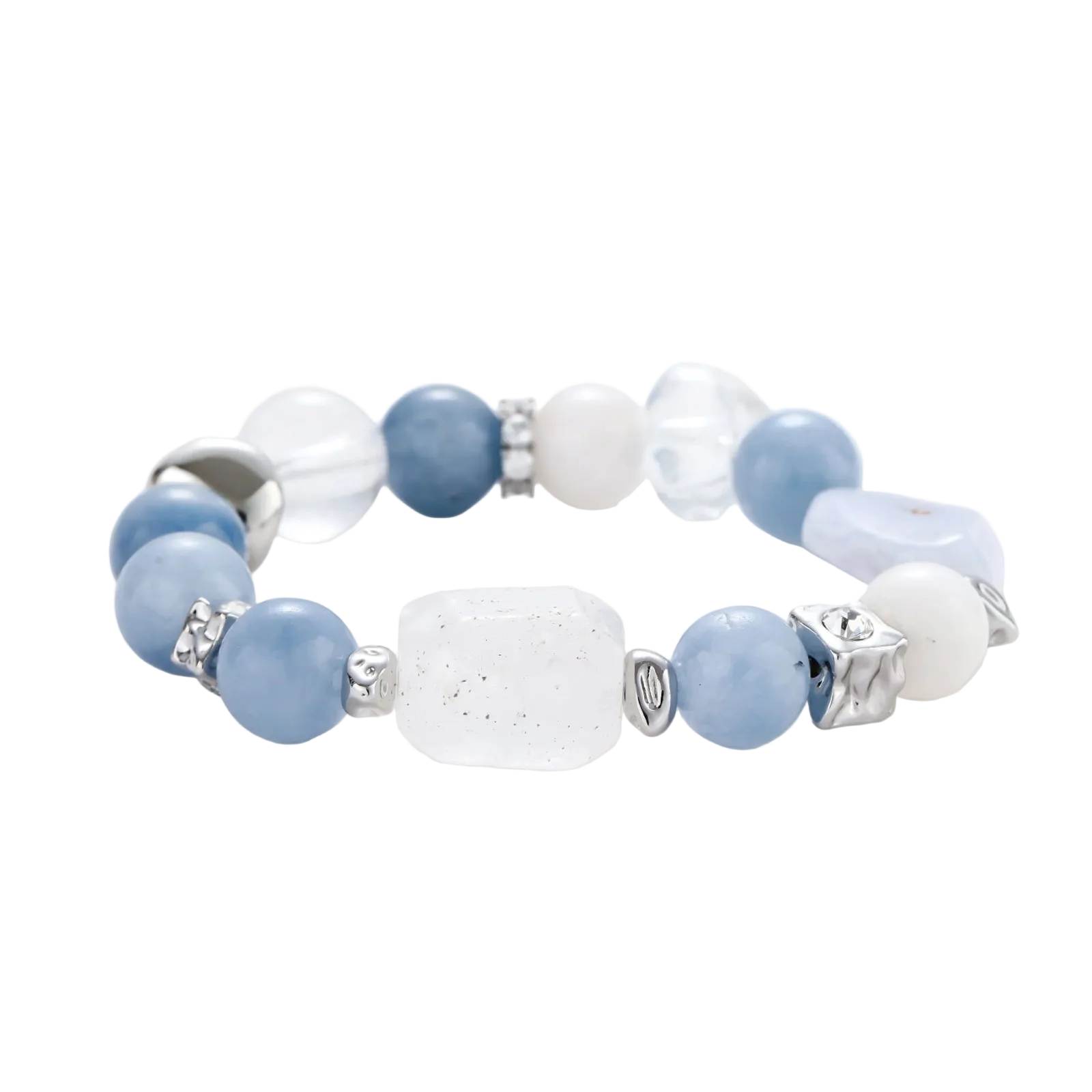 Stretchable bracelet with blue aquamarine beads, clear quartz crystals and copper accents on white background.