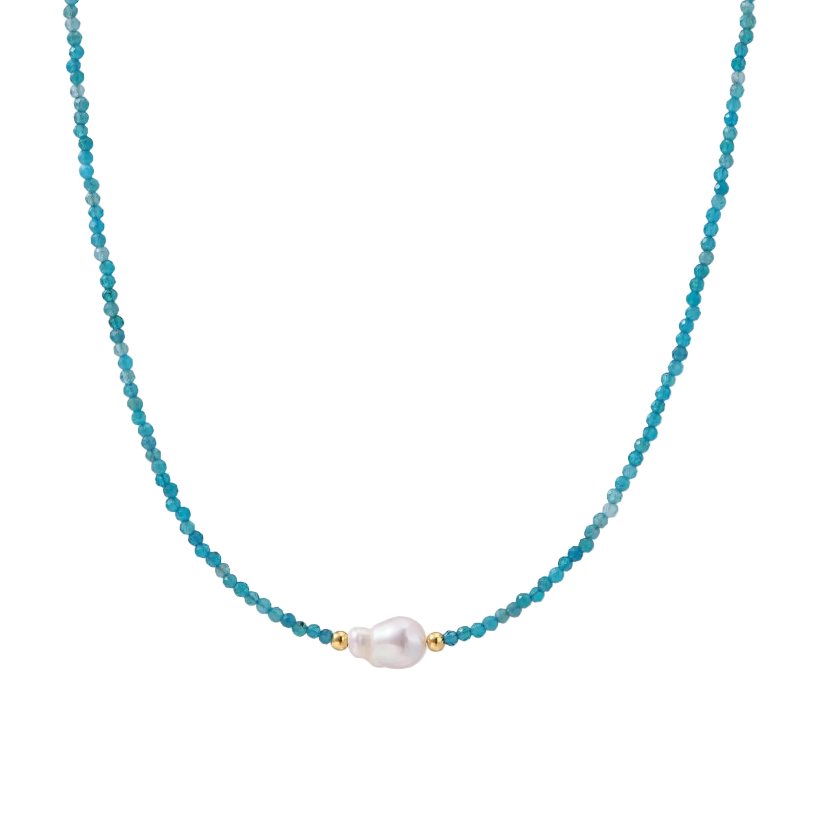 Dainty teal apatite beaded necklace with a single freshwater pearl centerpiece flanked by two small gold beads, adjustable gold clasp.