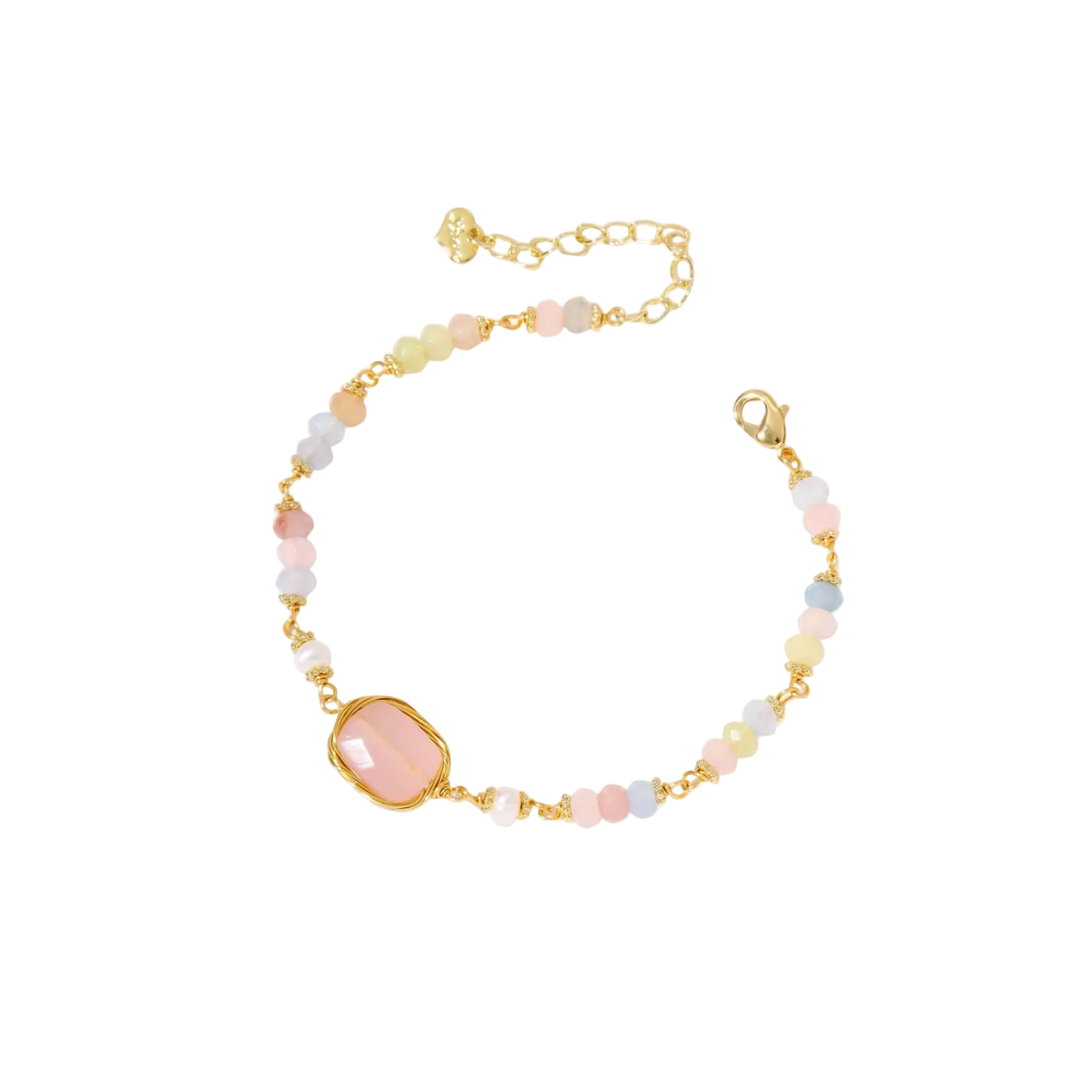 Delicate beaded bracelet with pastel rose quartz, pearls, and pink cushion-cut centerpiece in gold-plated setting