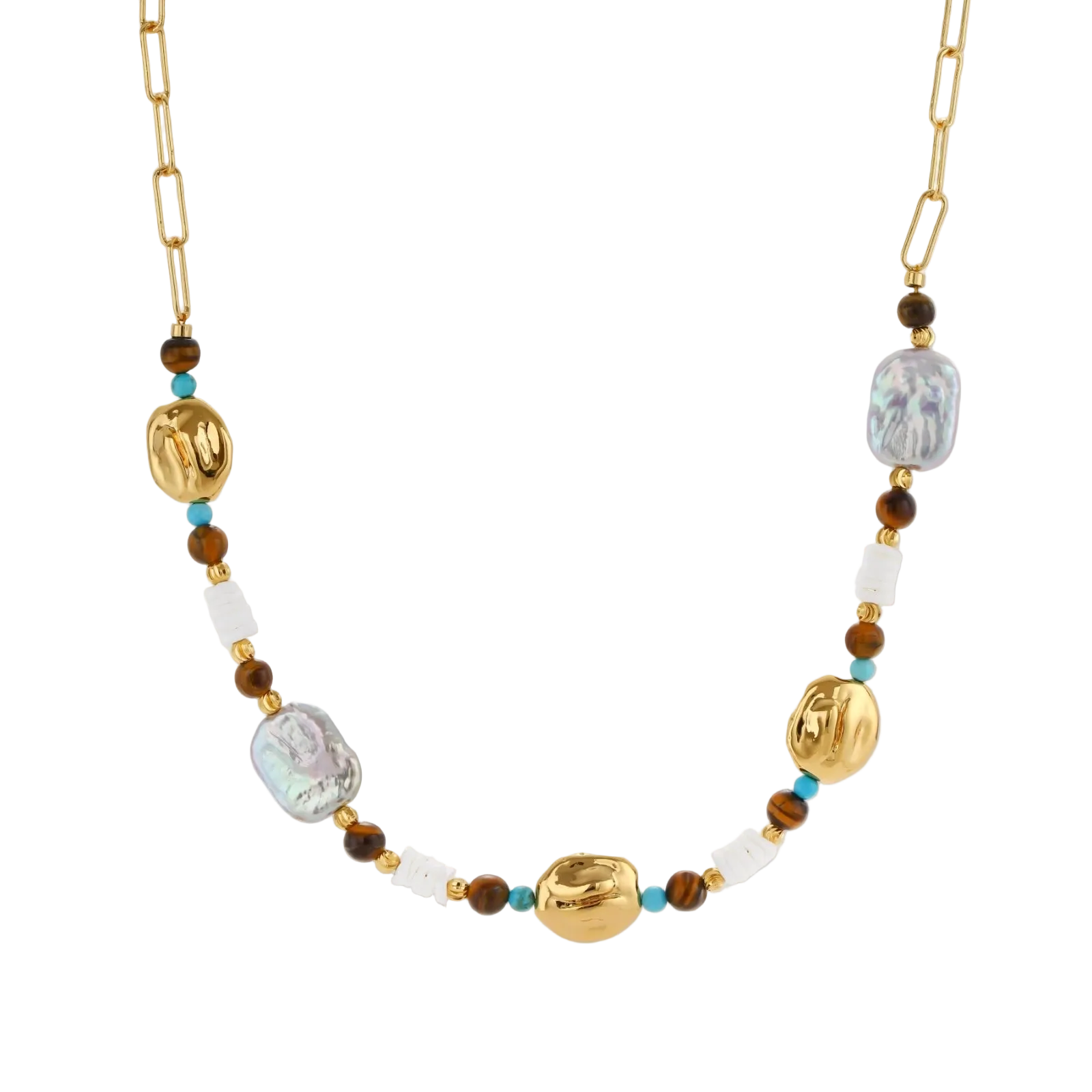 Gold-plated beaded necklace with iridescent baroque pearls, turquoise stones, and brown natural beads on neutral background.