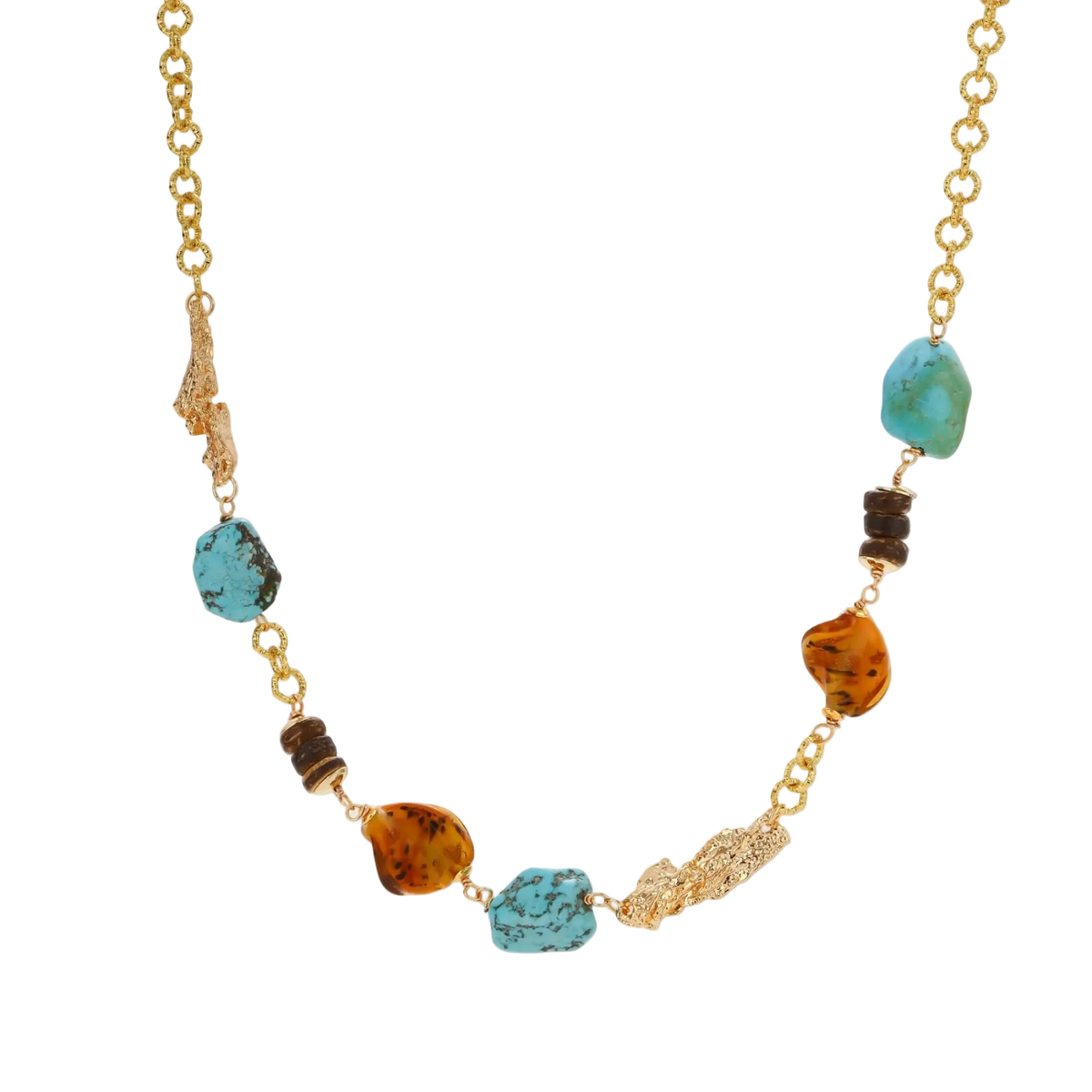 Statement necklace with gold chain, turquoise stones, amber beads, and wooden elements on cream background.