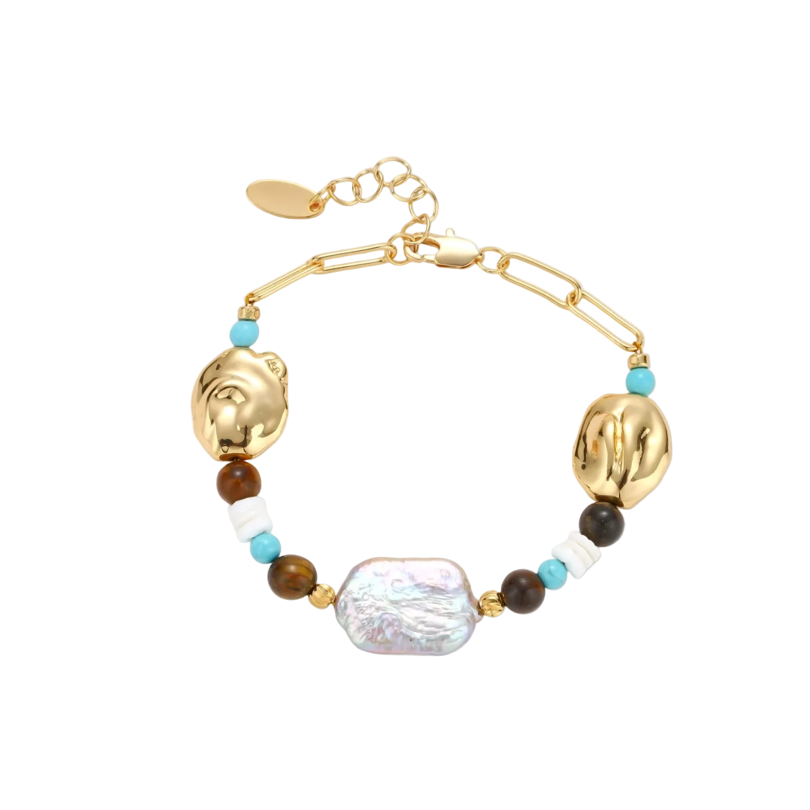 Gold-plated bracelet with baroque pearl centerpiece, turquoise and amber natural stones on adjustable chain against white background.
